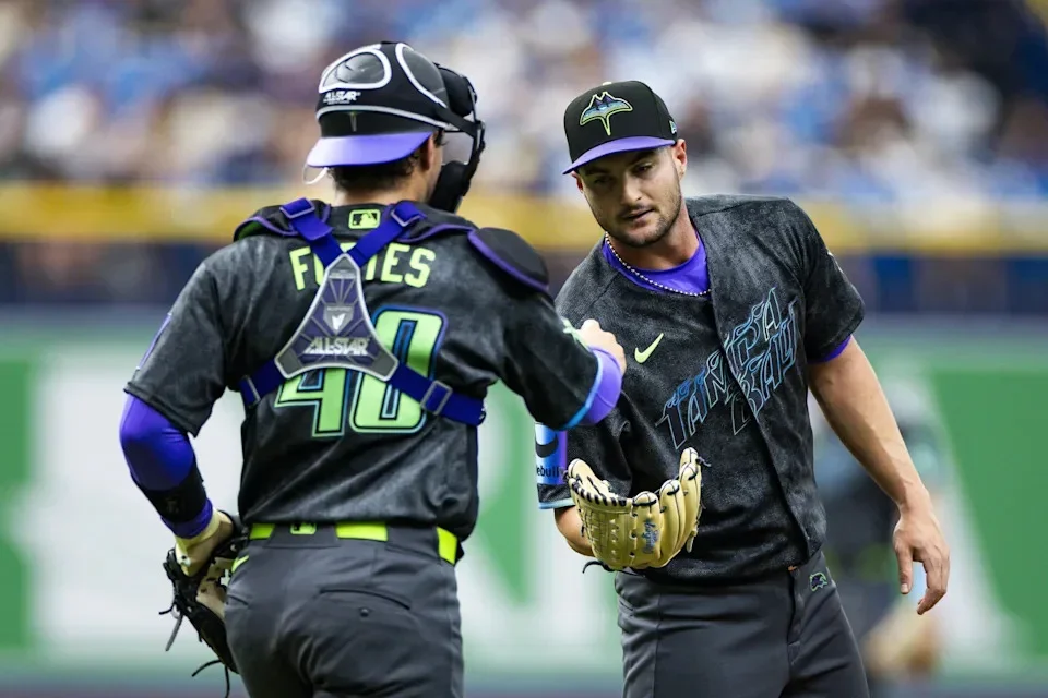 ST PETERSBURG, FLORIDA - APRIL 25: Nick Fortes #40 and Shane McClanahan #18 of the Tampa Bay Rays during a mound meeting in the bottom of the third inning against the Minnesota Twins at Tropicana Field on April 25, 2026 in St Petersburg, Florida. (Photo by Parker S. Freedman/Getty Images) | Getty Images